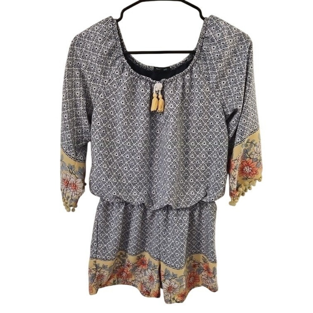 Takara Girls Blue Floral Geometric Pom Pom Tassel Romper XL Kids Boho 3/4 Sleeve